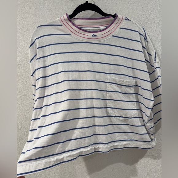 Quiksilver Striped Cropped Crewneck Surf Beach White Blue Pink T-Shirt Large - Picture 5 of 13